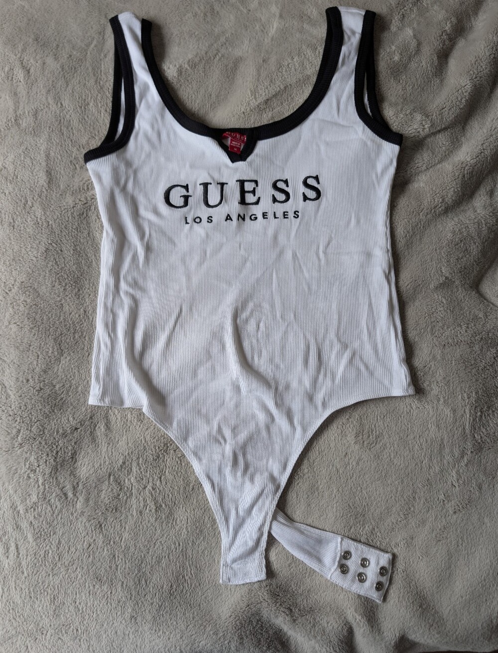 GUESS White Ribbed Logo Bodysuit with Black Trim